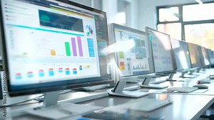 A detailed view of a digital classroom setup with multiple monitors, showing different educational resources and tools