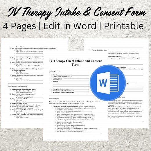 IV Therapy Client Intake Form: Editable Consent Template (word) - Etsy