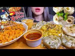 ASMR KOREAN SPICY NOODLES + BIG MOMOS / DUMPLINGS MUKBANG (No Talking) EATING SOUNDS