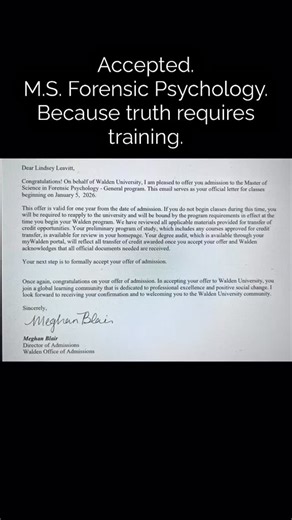 I’ve been accepted into the M.S. in Forensic Psychology program at Walden University. For years, I lived inside systems where truth was distorted, accountability was avoided, and harm was reframed as virtue. Studying forensic psychology is not about revisiting pain—it’s about learning how institutions shape behavior, memory, silence, and power. This degree is about evidence. About patterns. About protecting truth when systems would rather control it. I’m grateful. And I’m ready to do the work.#s