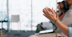 Clapping, audience and people hands in meeting conference, business workshop or seminar success, Applause, celebration and support of crowd, professional or corporate employees in office target goals