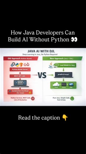 @tech_for_genz on Instagram: "Java developers can now build and deploy AI models without relying on Python. With DJL (Deep Java Library), deep learning models can be loaded and run directly inside Java applications, eliminating Python servers, REST APIs, and extra overhead. This results in faster inference, simpler architecture, and seamless deployment across cloud, server, and edge environments — all in pure Java. ☕🧠 #Java #DJL #ArtificialIntelligence #DeepLearning #JavaDeveloper AIInProductio