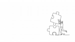 Animated self drawing of continuous line draw group of success business people arrange puzzle pieces to build strong building. Collaboration business teamwork concept. Full length one line animation