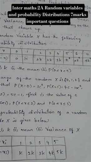 Inter maths 2A Random variables and probability Distributions 7marks important questions | 7marks