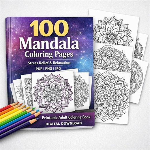 100 Mandala Coloring Pages - Stress Relief Adult Coloring Book (PDF PNG JPG) - Etsy