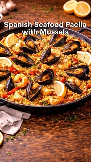 🥘 Spanish Seafood Paella with Mussels Golden saffron rice, juicy shrimp, and tender mussels simmered together in one pan this classic Spanish seafood paella brings the taste of the Mediterranean straight to your table. 📝 Ingredients 2 tbsp olive oil 1 small onion, finely chopped 3 cloves garlic, minced 1 red bell pepper, diced 1 tsp smoked paprika ½ tsp sweet paprika ½ tsp saffron threads (optional but traditional) 1 ½ cups paella rice or short-grain rice 4 cups seafood broth, warm Salt & blac