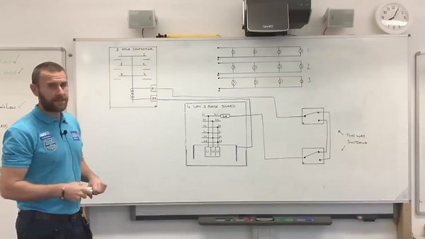 How to Connect up a Contactor Control so 2 way Switching can Control a Large Load Matt draws out how a contactor can be controlled by 2 way switch and be used to turn on many heavy current drawing loads. We see how many lighting points say in a factory can be turned on by a simple light switch via a contactor. NOTE: This is a wiring diagram and the cable runs in reality will be completely different. The rated value of the contactor will vary depending on the load current being supplied. 🔵 The 2