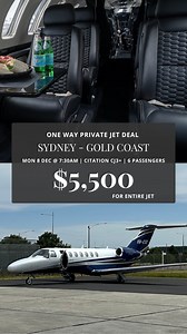 ✈️ New EmptyLeg Listing! 📅 Monday 8th December 🕛 Departs at 7:30AM 📍 Route: Sydney → Gold Coast 🛫 Onboard the Citation CJ3 👥 Seats: Up to 6 passengers 💰 All-inclusive: $5,500 total 🔗 Link in bio to book now. | EmptyJets (Australia)