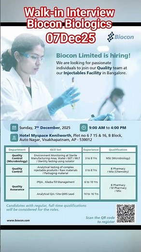 Walk-in Interview I Biocon Biologics | 071225 #job #pharma