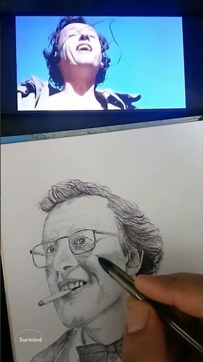 Detailed Pen & Ink Portrait of Geoffrey Rush as David Helfgott from Shine - 1996 movie set