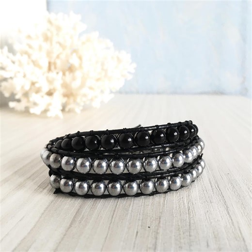 Leather Wrap Bracelet, Black Silver Beaded Multistrand Bracelet, Unisex Gothic Jewelry Gift - Etsy