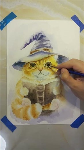 Watercolor Cute Cat Wizard Reading Magic Book | Adorable Kitten Mage Timelapse Painting 🌟 #shorts