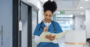 Nurse, writing and document in hospital for insurance, healthcare and compliance report with patient information. Paperwork, checklist and doctor with medical notes in file, chart or folder in clinic