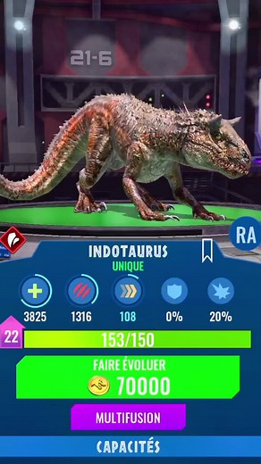 Découvrez l'Indotaurus niveau 23 dans Jurassic World Alive!