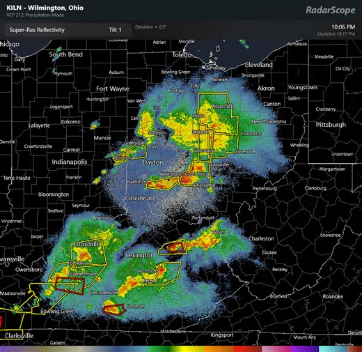 [10:18 PM] Big picture update: storms still moving through the region. We're getting many damage reports including trees downed, large branches downed, power poles downed/ power outages etc. Additionally, lots of hail reports!! Have damage? Post your photos below with a location of damage. Thank you! | US National Weather Service Wilmington OH