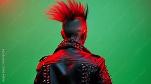 Punk rock musician with a mohawk hairstyle and tattoos is posing on a green screen background, perfect for visual effects and compositing