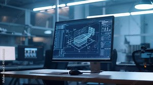 Personal computer is displaying a sophisticated 3d blueprint utilizing innovative production techniques in a modern industrial product design facility