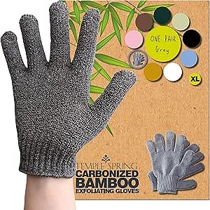 Temple Spring Exfoliating Gloves for Men & Larger Hands – Extra Large XL Textured Rayon Bamboo Shower Gloves with Thicker Weave for Deep Cleansing, Dead Skin Removal & Smooth Skin (1 Pair, Gray)