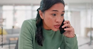 Business woman, stress and phone call with problem and burnout in office from chaos and multitasking. Busy, tired professional and online work with a employee with company report and workplace crisis