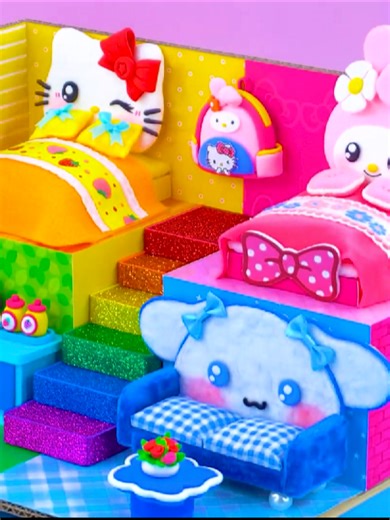 Let's create Hello Kitty and Friends Bedroom with Rainbow 🌈 stairs 😍 And kitchen DIY MINIATURE HOUSE #miniature #fyp #diy #hellokitty #mymelody