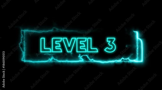 Level 3 neon open sign text with glowing effect isolated on black, HUD Neon level Game task round 3 complete