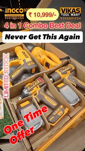 Vikas Tool Mart on Instagram: "🎉 5 LAKH VIEWS – THANK YOU! 🙏🔥 Our INGCO Impact Tool Kit video has crossed 5,00,000+ views! A big THANK YOU to all our supporters for your trust and love 💛💪 ⸻ 🔧 INGCO 4 PCS Cordless Combo Kit 👉 One Kit. Multiple Power Solutions. 📦 Product Name: INGCO 4 PCS Combo Kit 📌 Model No: COSLI250208 💰 Price: ₹10,999/- (Including GST) Combo Includes: ⚡ Cordless Heat Gun – HGLI2006 🧹 Cordless Vacuum Cleaner – CVL201261 💦 Cordless Pressure Washer – CPWLI2036 🔩 Cord