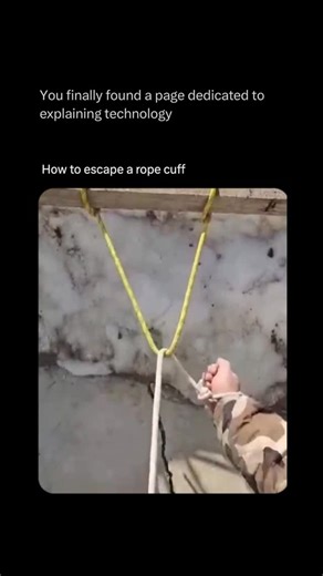 Technology Explained ⚙️ on Instagram: "Follow @explaining.tech to learn everything about technology one post at a time 🧠⚙️ When you’re bound by rope, a subtle technique is to tense all your muscles while being tied. Once your captor leaves, relax your muscles to create a small, vital gap in the rope. Then, you can slowly work your wrists back and forth to loosen the knot. For a more aggressive escape, use friction—a sharp or rough edge on a table or wall can be used to saw through the ro