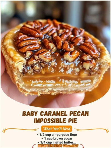 Buttery, Gooey, Nutty, and Impossibly Decadent. 🥧🌰🍯 This Baby Caramel Pecan Impossible Pie bakes into its own crust with a caramel custard filling and a crown of glossy pecans. A bite-sized twist on the classic pecan pie that’s sweet, rich, and absolutely irresistible. 🧂 Ingredients: ▸ 1/2 cup all-purpose flour ▸ 1 cup brown sugar ▸ 1/4 cup melted butter ..... Fυll ᖇecίpe in Top Coʍmеոτ 💬 Enjoy ❤️ #CaramelPecanPie #ImpossiblePie #MiniPies #SweetTreats #PecanDesserts | Easy Trending Recipes