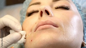 Beauty industry. Close up of cannula needle penetrating into female face. Beautician in gloves making injection. 4k