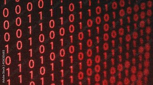 Technological Digital binary data glitch background with representation of binary code. Binary digits 1 and 0 in different configurations on red background. Animation.