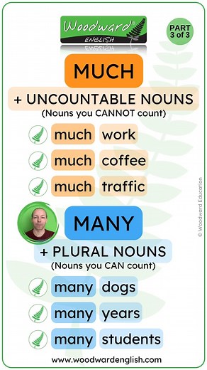 🍎 MUCH vs MANY 🍎 What is the difference? 🌿 MUCH Uncountable Nouns ✅ 🌿 MANY Plural (Countable) Nouns ✅ See our English lesson (Much, Many, A lot of, Few) here: https://www.grammar.cl/Notes/Much_Many_Lot_Few.htm #LearnEnglish #AprenderInglés #EnglishGrammar #EnglishTeacher #ESOL #EnglishLanguage | Woodward English