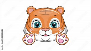 Cute cartoon tiger head blinks his eyes and moves his paws. Looped animation of animals on a white background.