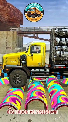 TOO HEAVY?! Yellow Truck Pulls Giant Wood Trailer Over Rainbow Speedbumps!