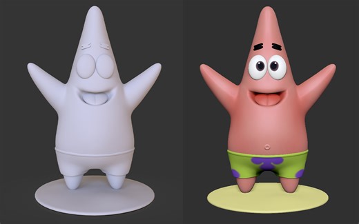 【Zbrush新手教程】“派大星”卡通模型建模KeyShot渲染全流程讲解，3D人物建模简单入门雕刻案例