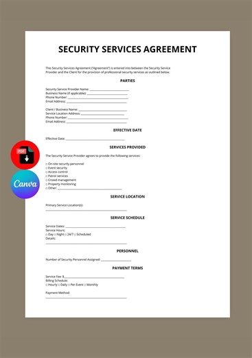 Security Services Agreement Template | Security Contract Template | Event Security Agreement | Editable Canva PDF | Instant Download - Etsy