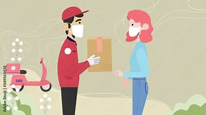 Young Woman Meets Delivery Man who Gives Her Cardboard Box Postal Package, Animation Cartoon 4K