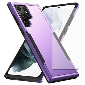 Compatible with Samsung Galaxy S22 Ultra 5G Phone Case Glass Screen Protector Hybrid Rugged Shockproof Hard Protective Drop Proof Full Body Heavy Duty Mobile Cell Cover for S22ultra S 22U 6.8 Purple
