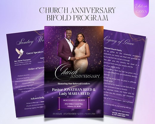 Church Anniversary Program Template, Editable Bifold & Booklet, Worship Service Program, Printable Church Event Program, Canva Template - Etsy