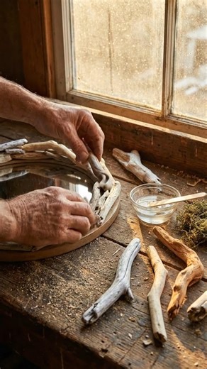 Organic mirror frame using assembled driftwood pieces and resin
