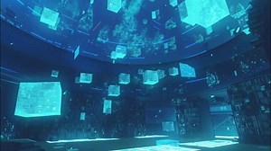 デジタル図書館と浮かぶデータキューブの動画｜無料の動画素材サイト「動画AC」