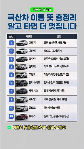 국산차 이름 뜻 총정리, 알고 타면 더 멋집니다 #국산차 #자동차이름 #자동차상식
