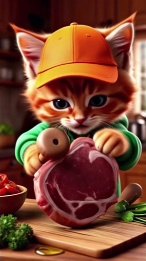 🍖 The steak is bigger than the kitten! But he can handle it 🐾