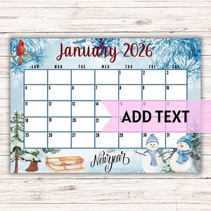 EDITABLE Printable January 2027 Calendar | Beautiful Winter Scene New Year's Day Themed Calendar | Holiday Calendar | January Calendar - Etsy
