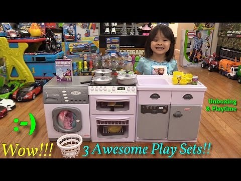 Toys for Little Girls: Kitchen Playset! Laundry Washing Machine Toy and Refrigerator Toy Set