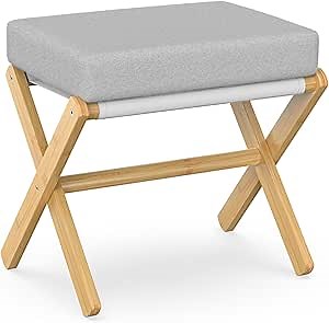 Foldable Foot Stool Ottoman, Modern Foot Rest with Bamboo X Legs & Thick Foam Cushion, Folding Foot Stools Small Padded for Bedroom Living Room, Footstool for Chair Couch (Natural - Grey)