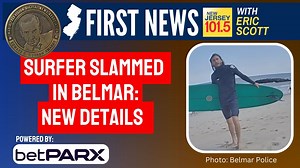 😳 Surfer slammed by police: New Details 😡 NJ projected to see rise in car insurance rates, report says 🤑 Trump's NJ golf club gets a huge tax break Eric Scott has details on this morning's First News. | New Jersey 101.5