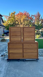 I saw this set on Facebook Marketplace. I’ve been wanting to update this 70’s/80’s oak style for quite some time and this set seemed perfect for it! I knew that I did not want the headboard, I end up with stacks of them, then they are hard to even give away, but the seller wanted the whole set to go. So, I brought it home and came up with a plan to recycle the wood from the headboard to make bases for the dresser and nightstands. Nothing like recycling! So, after doing some quick demo, I got out