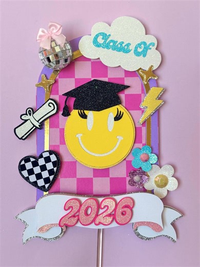 Graduation Smiley Face Cake Topper | Graduation 2026 Cake Topper | Pinky Smiley Face Decor - Etsy