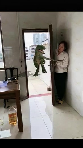 T-Rex Surprise: Animated Dinosaur in Doorway Scene