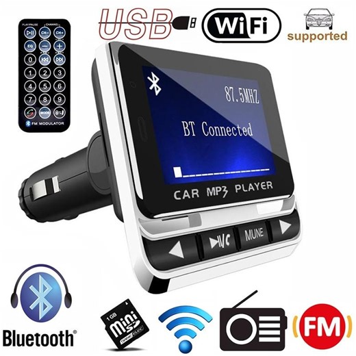 LCD Screen FM Transmitter, MP3 Player, USB Charger, TF Card Support, Line-in AUX Function